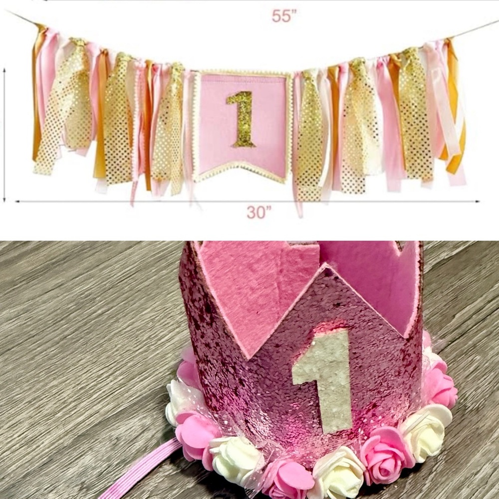 One Year Pink and Gold Birthday Banner and Crown Set